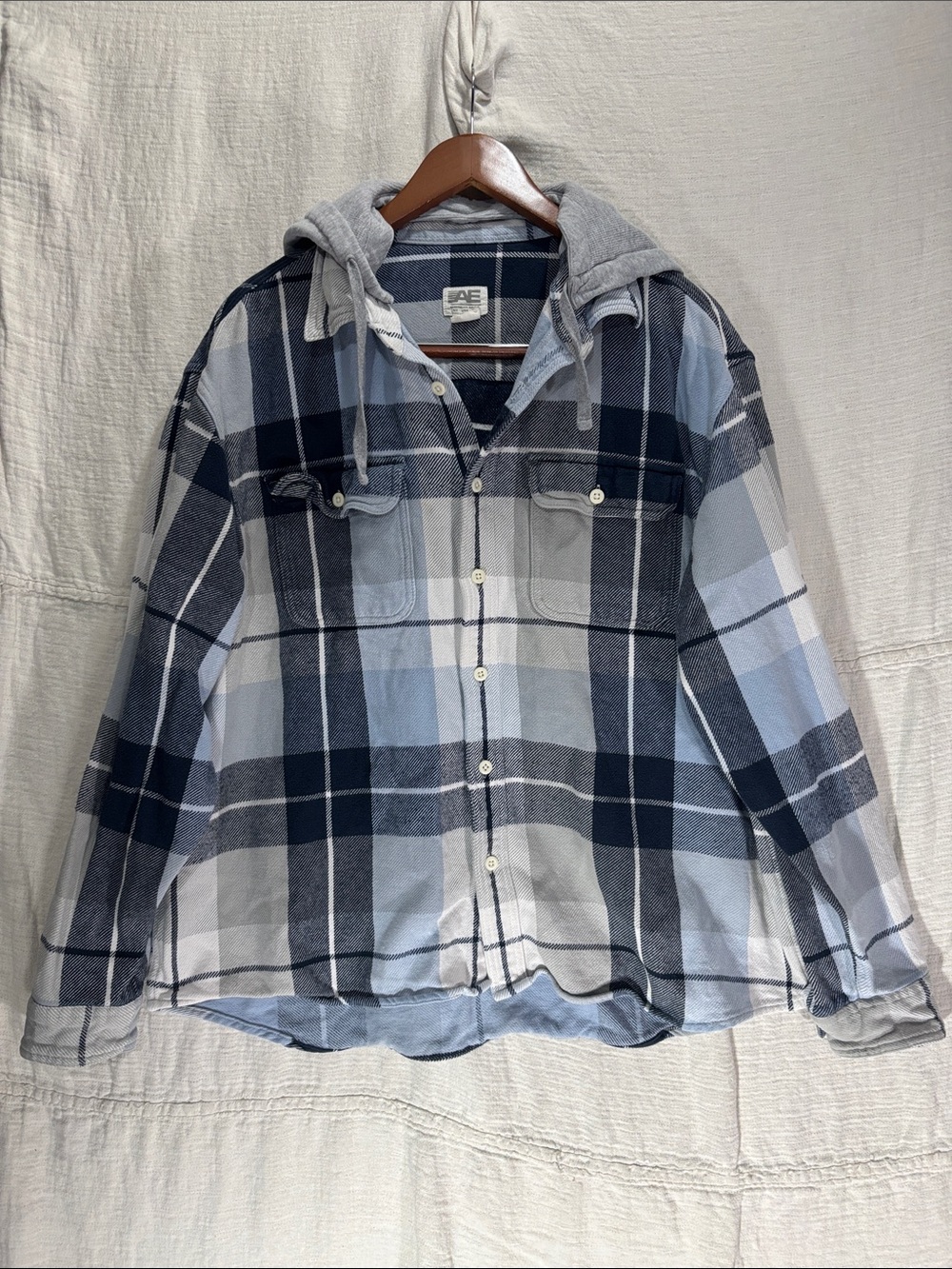 American Eagle Outfitters Blue Plaid Hooded Flannel Shirt Jacket Mens XL Cotton